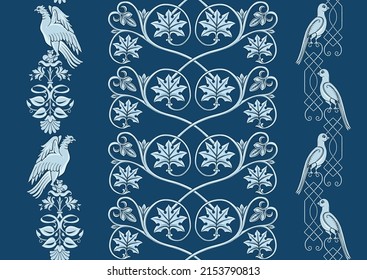 Byzantine traditional historical motifs of animals, birds, flowers and plants Seamless border pattern, linear ornament, ribbon in blue. Vector illustration.