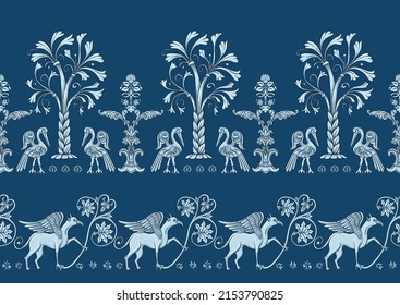 Byzantine traditional historical motifs of animals, birds, flowers and plants Seamless border pattern, linear ornament, ribbon in blue. Vector illustration.