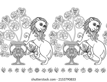 Byzantine traditional historical motifs of animals, birds, flowers and plants Seamless border pattern, linear ornament, ribbon. Outline vector illustration.