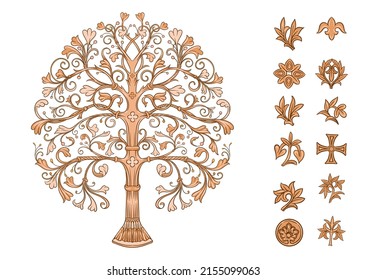 Byzantine traditional historical motifs of animals, birds, flowers and plants Clip art, set of elements for design Vector illustration.