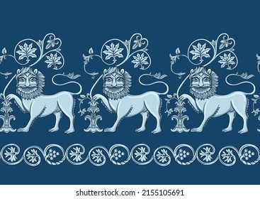 Byzantine traditional historical motifs of animals, birds, flowers and plants Seamless border pattern, linear ornament, ribbon in blue. Vector illustration.