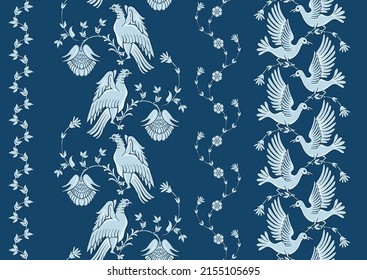 Byzantine traditional historical motifs of animals, birds, flowers and plants Seamless border pattern, linear ornament, ribbon in blue. Vector illustration.