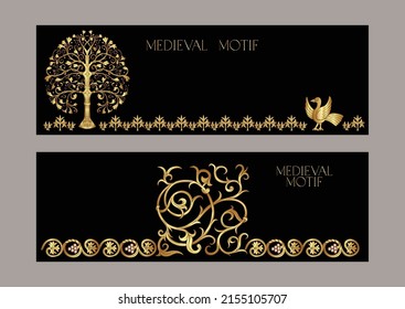 Byzantine traditional historical motifs of animals, birds, flowers and plants Template for wedding invitation, greeting card, banner, gift voucher, label. Vector illustration.