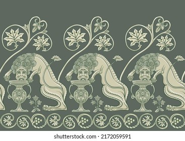 Byzantine traditional historical motifs of animals, birds, flowers and plants Seamless border pattern, linear ornament, ribbon in green. Vector illustration.