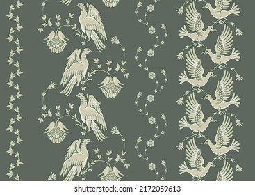 Byzantine traditional historical motifs of animals, birds, flowers and plants Seamless border pattern, linear ornament, ribbon in green. Vector illustration.