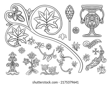 Byzantine traditional historical motifs of animals, birds, flowers and plants Clip art, set of elements for design Outline vector illustration.