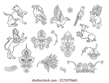 Byzantine traditional historical motifs of animals, birds, flowers and plants Clip art, set of elements for design Outline vector illustration.