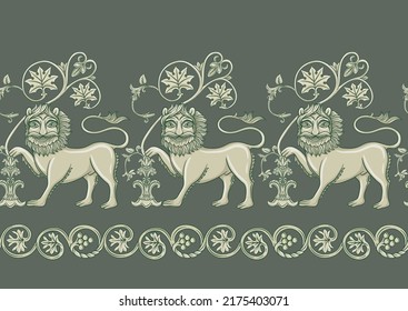 Byzantine traditional historical motifs of animals, birds, flowers and plants Seamless border pattern, linear ornament, ribbon in green. Vector illustration.