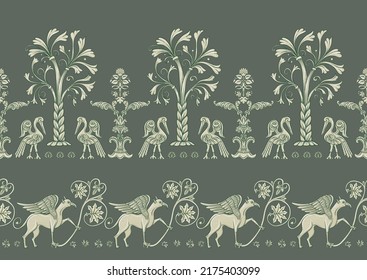 Byzantine traditional historical motifs of animals, birds, flowers and plants Seamless border pattern, linear ornament, ribbon in green. Vector illustration.