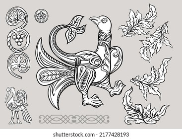 Byzantine traditional historical motifs of animals, birds, flowers and plants Clip art, set of elements for design Vector illustration.