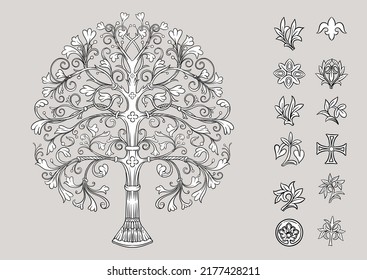 Byzantine traditional historical motifs of animals, birds, flowers and plants Clip art, set of elements for design Vector illustration.