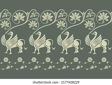 Byzantine traditional historical motifs of animals, birds, flowers and plants Seamless border pattern, linear ornament, ribbon in green. Vector illustration.