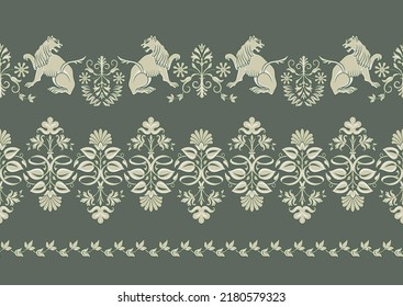 Byzantine traditional historical motifs of animals, birds, flowers and plants Seamless border pattern, linear ornament, ribbon in green. Vector illustration.