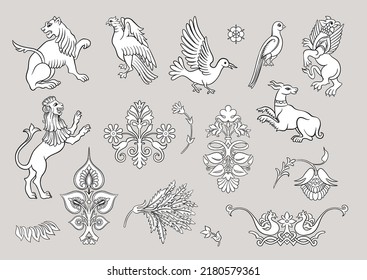 Byzantine traditional historical motifs of animals, birds, flowers and plants Clip art, set of elements for design Vector illustration.