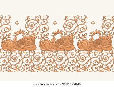 Byzantine traditional historical motifs of animals, birds, flowers and plants Seamless border pattern, linear ornament, ribbon in beige. Vector illustration.