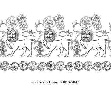 Byzantine traditional historical motifs of animals, birds, flowers and plants Seamless border pattern, linear ornament, ribbon. Outline vector illustration.