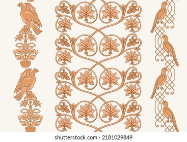 Byzantine traditional historical motifs of animals, birds, flowers and plants Seamless border pattern, linear ornament, ribbon in beige. Vector illustration.