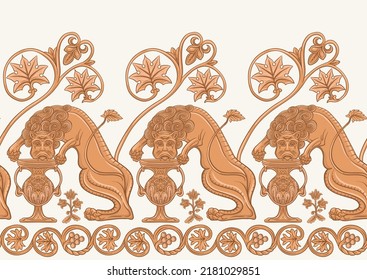 Byzantine traditional historical motifs of animals, birds, flowers and plants Seamless border pattern, linear ornament, ribbon in beige. Vector illustration.