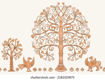 Byzantine traditional historical motifs of animals, birds, flowers and plants Seamless border pattern, linear ornament, ribbon in beige. Vector illustration.