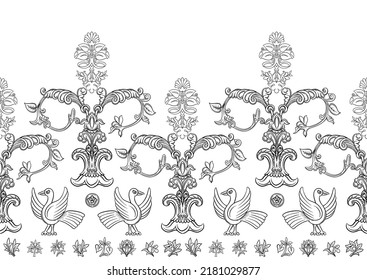 Byzantine traditional historical motifs of animals, birds, flowers and plants Seamless border pattern, linear ornament, ribbon. Outline vector illustration.