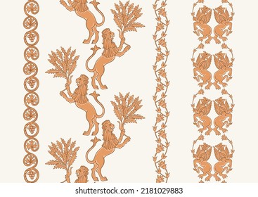 Byzantine traditional historical motifs of animals, birds, flowers and plants Seamless border pattern, linear ornament, ribbon in beige. Vector illustration.