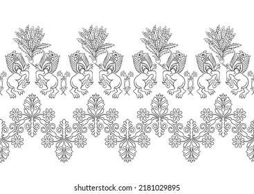 Byzantine traditional historical motifs of animals, birds, flowers and plants Seamless border pattern, linear ornament, ribbon. Outline vector illustration.