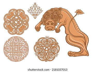 Byzantine traditional historical motifs of animals, birds, flowers and plants Clip art, set of elements for design Vector illustration.