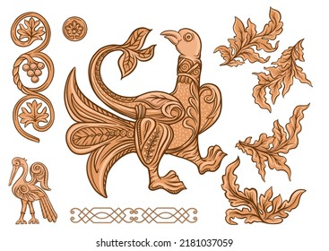 Byzantine traditional historical motifs of animals, birds, flowers and plants Clip art, set of elements for design Vector illustration.