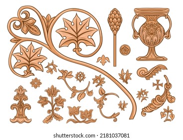 Byzantine traditional historical motifs of animals, birds, flowers and plants Clip art, set of elements for design Vector illustration.