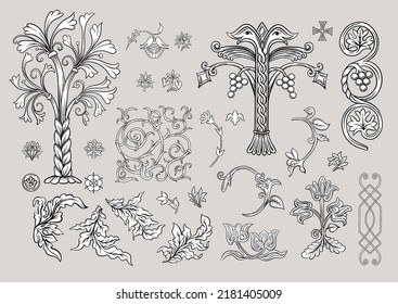 Byzantine traditional historical motifs of animals, birds, flowers and plants Clip art, set of elements for design Vector illustration.