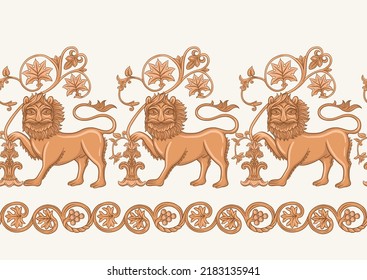 Byzantine traditional historical motifs of animals, birds, flowers and plants Seamless border pattern, linear ornament, ribbon in beige. Vector illustration.