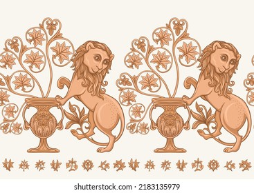 Byzantine traditional historical motifs of animals, birds, flowers and plants Seamless border pattern, linear ornament, ribbon in beige. Vector illustration.