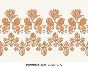Byzantine traditional historical motifs of animals, birds, flowers and plants Seamless border pattern, linear ornament, ribbon in beige. Vector illustration.