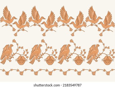 Byzantine traditional historical motifs of animals, birds, flowers and plants Seamless border pattern, linear ornament, ribbon in beige. Vector illustration.