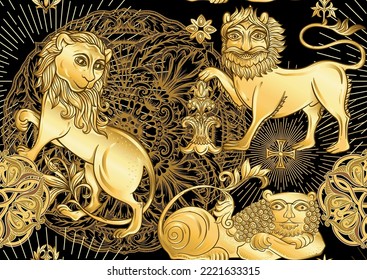 Byzantine traditional historical motifs of animals, birds, flowers and plants. Seamless pattern in gold and black colors. Vector illustration.