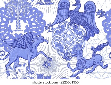 Byzantine traditional historical motifs of animals, birds, flowers and plants. Seamless pattern in blue colors. Vector illustration.