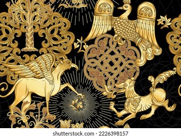 Byzantine traditional historical motifs of animals, birds, flowers and plants. Seamless pattern in gold and black colors. Vector illustration.