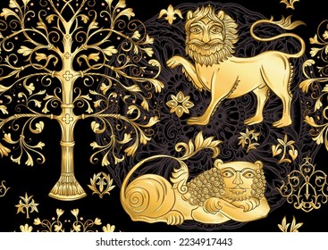 Byzantine traditional historical motifs of animals, birds, flowers and plants. Seamless pattern in gold and black colors. Vector illustration.