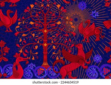 Byzantine traditional historical motifs of animals, birds, flowers and plants. Seamless pattern in red and blue colors. Vector illustration.