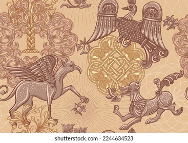 Byzantine traditional historical motifs of animals, birds, flowers and plants. Seamless pattern in kraft and beige colors. Vector illustration.