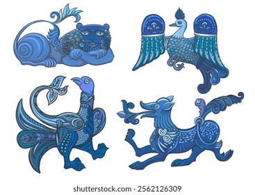 Byzantine traditional historical motifs of animals, birds, Clip art, set of elements for design. Outline vector illustration.