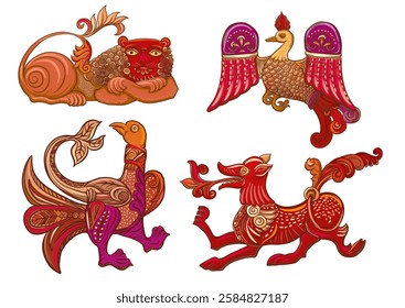 Byzantine traditional historical motifs of animals, birds, Clip art, set of elements for design. Outline vector illustration.