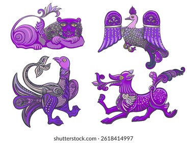 Byzantine traditional historical motifs of animals, birds, Clip art, set of elements for design. Outline vector illustration.