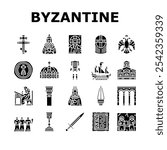 byzantium empire justinian icons set vector. hagia theodora, mosaics orthodox, iconoclasm nicaea, heraclius procopius, greek byzantium empire justinian glyph pictogram Illustrations