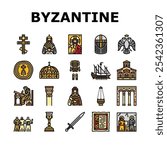 byzantium empire justinian icons set vector. hagia theodora, mosaics orthodox, iconoclasm nicaea, heraclius procopius, greek byzantium empire justinian color line illustrations