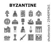 byzantium empire justinian icons set vector. hagia theodora, mosaics orthodox, iconoclasm nicaea, heraclius procopius, greek byzantium empire justinian black contour illustrations