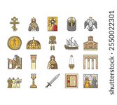 byzantium empire justinian icons set vector. hagia theodora, mosaics orthodox, iconoclasm nicaea, heraclius procopius, greek byzantium empire justinian color line illustrations