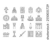 byzantium empire justinian icons set vector. hagia theodora, mosaics orthodox, iconoclasm nicaea, heraclius procopius, greek byzantium empire justinian black contour illustrations