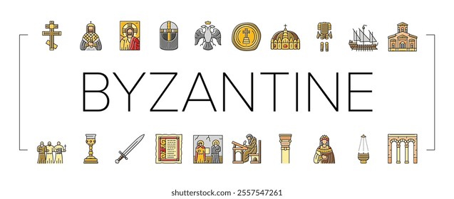 byzantium empire justinian icons set vector. hagia theodora, mosaics orthodox, iconoclasm nicaea, heraclius procopius, greek byzantium empire justinian color line illustrations