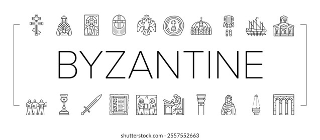 byzantium empire justinian icons set vector. hagia theodora, mosaics orthodox, iconoclasm nicaea, heraclius procopius, greek byzantium empire justinian black contour illustrations